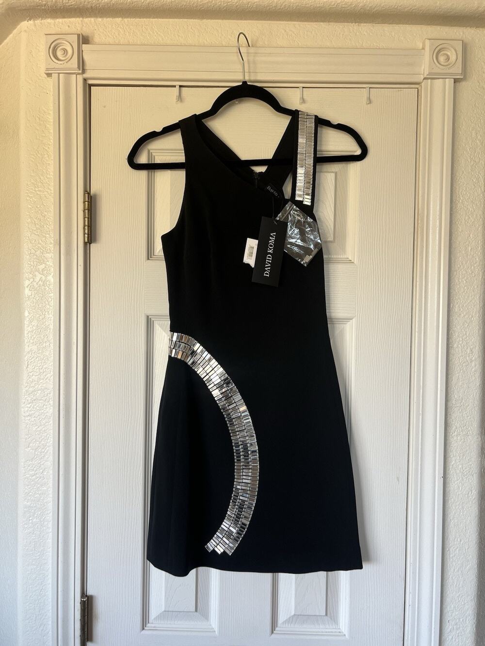 NWT David Koma Cady & Embroidery Crystal One Shoulder Mini Dress Black US Size 2